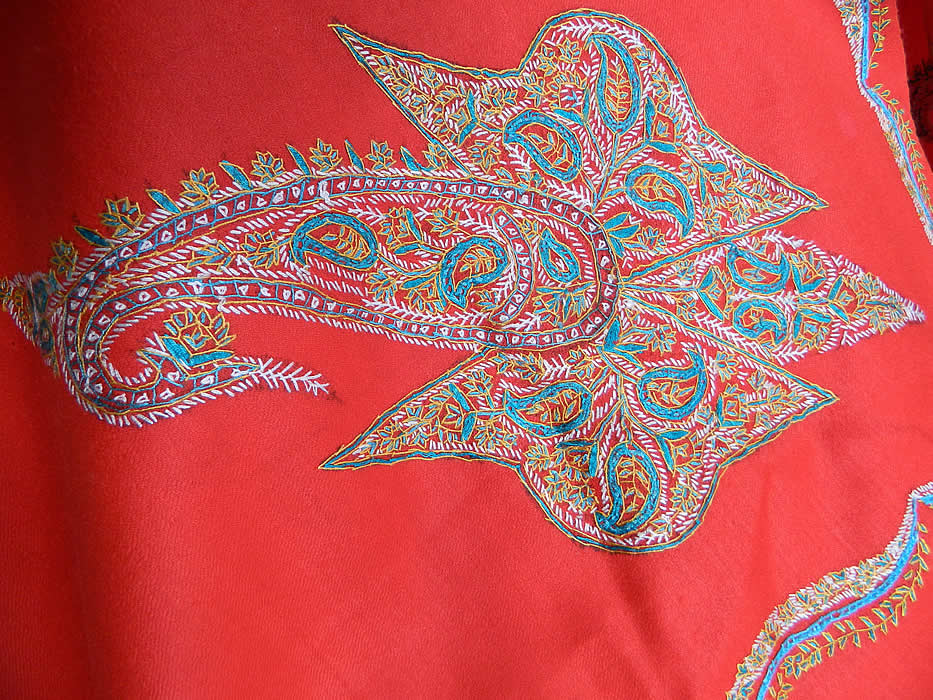 Vintage Red Embroidered Paisley Pashmina Cashmere Shawl