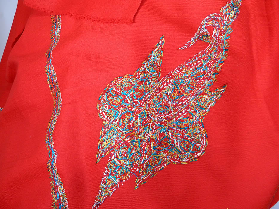 Vintage Red Embroidered Paisley Pashmina Cashmere Shawl