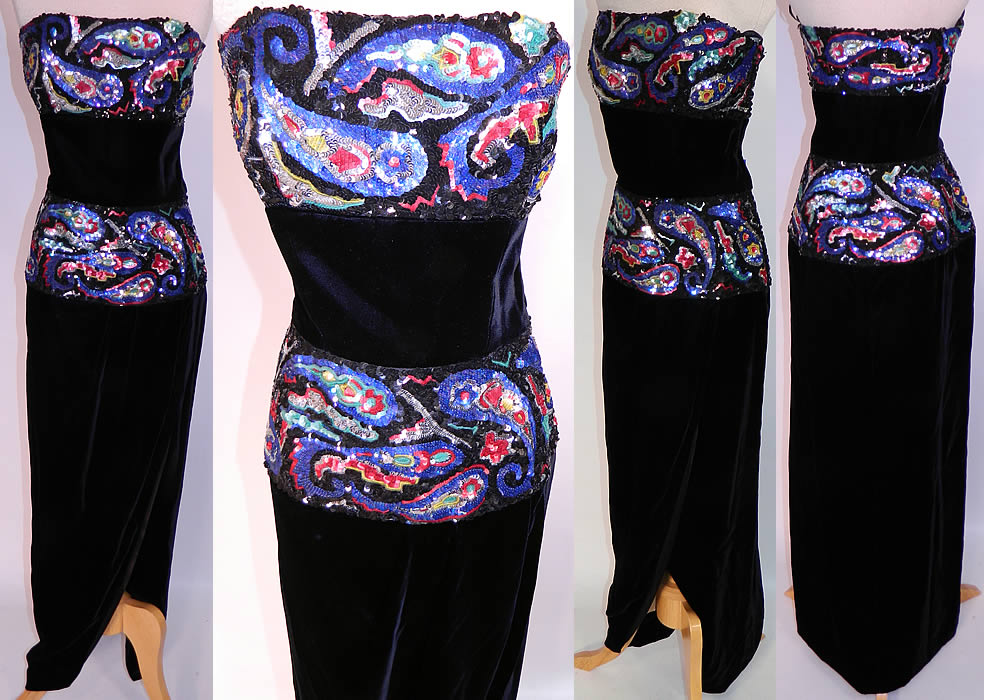 Vintage Victor Costa Black Velvet Sequin Beaded Strapless Sheath Dress Evening Gown