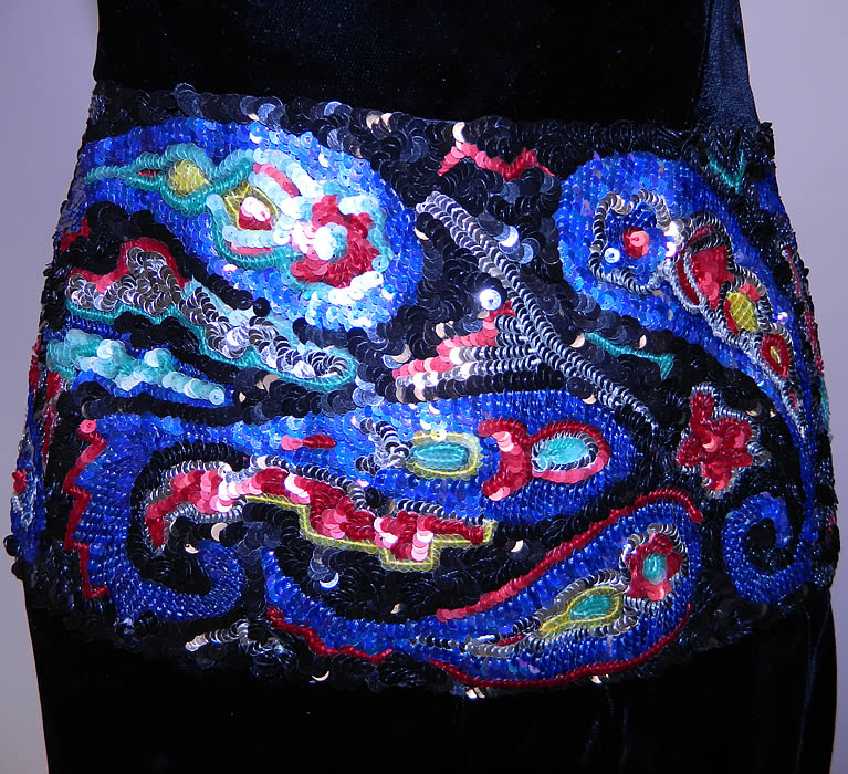 Vintage Victor Costa Black Velvet Sequin Beaded Strapless Sheath Dress Evening Gown