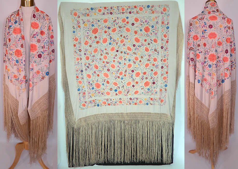 Antique White Silk Pastel Embroidered Floral Butterfly Canton Piano Shawl