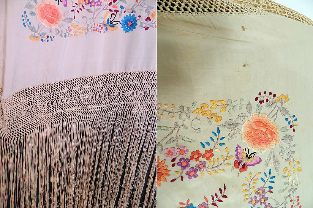 Antique White Silk Pastel Embroidered Floral Butterfly Canton Piano Shawl