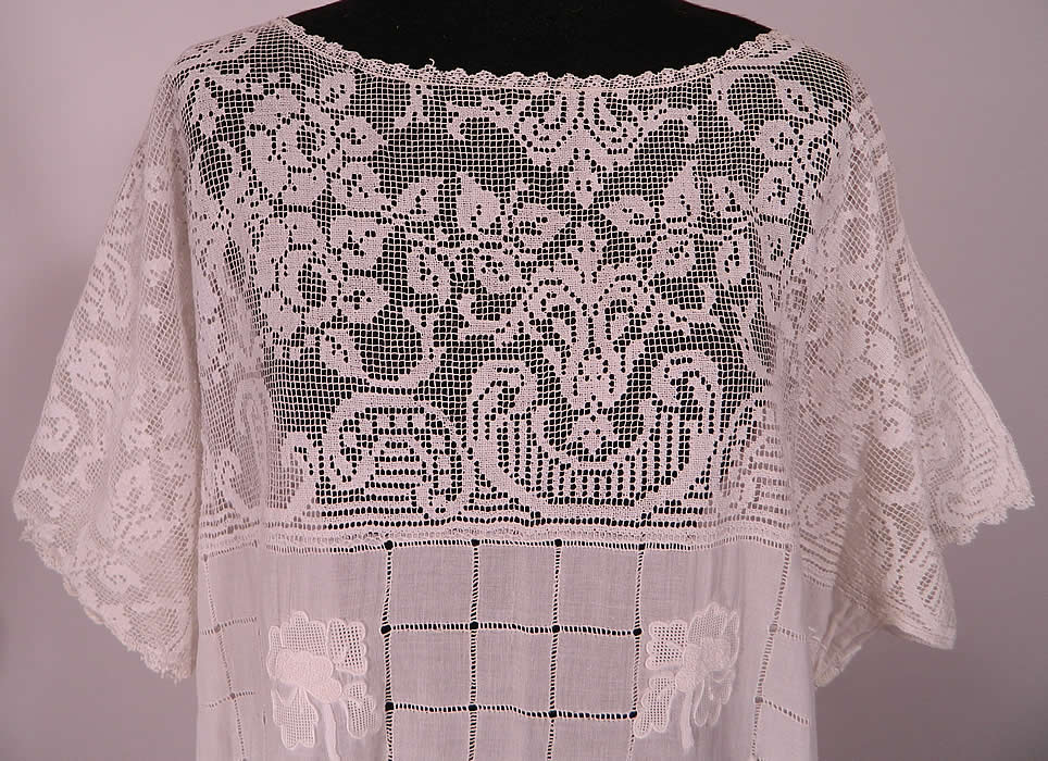 Vintage White Batiste Filet Lace Embroidered French Knot Drop Waist Dress