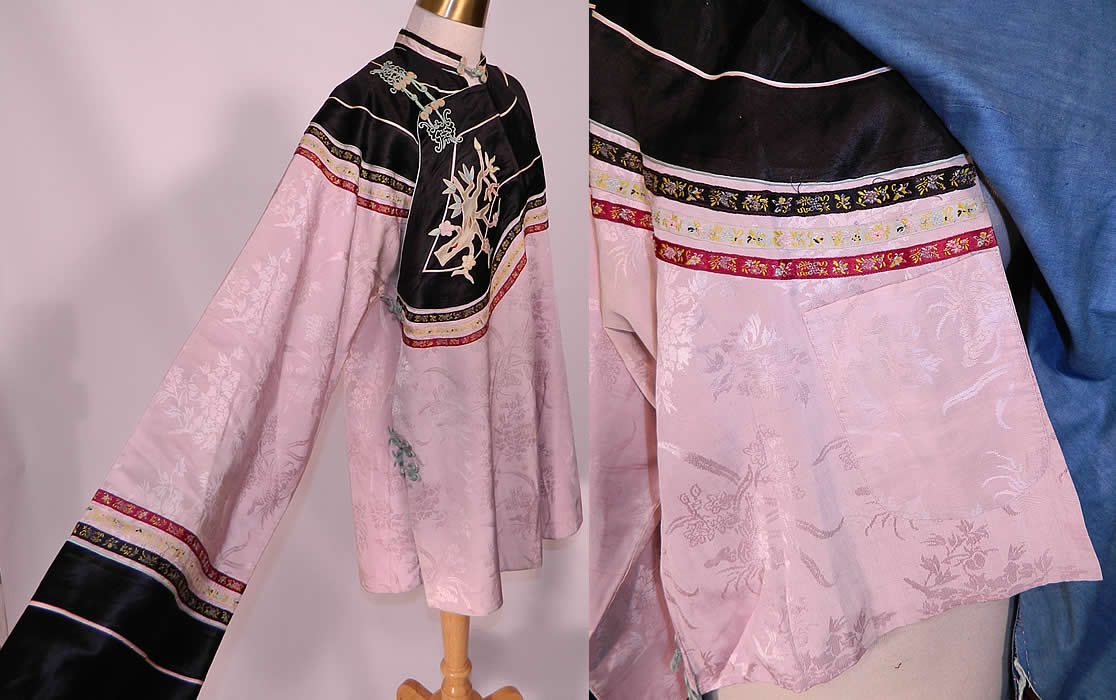 Antique Chinese Lilac Silk Damask Brocade Floral Applique Robe Coat