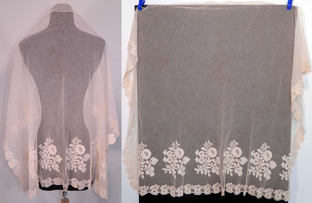 Antique Georgian Regency Blonde Bobbin Lace Tambour Embroidery Bonnet Face Veil