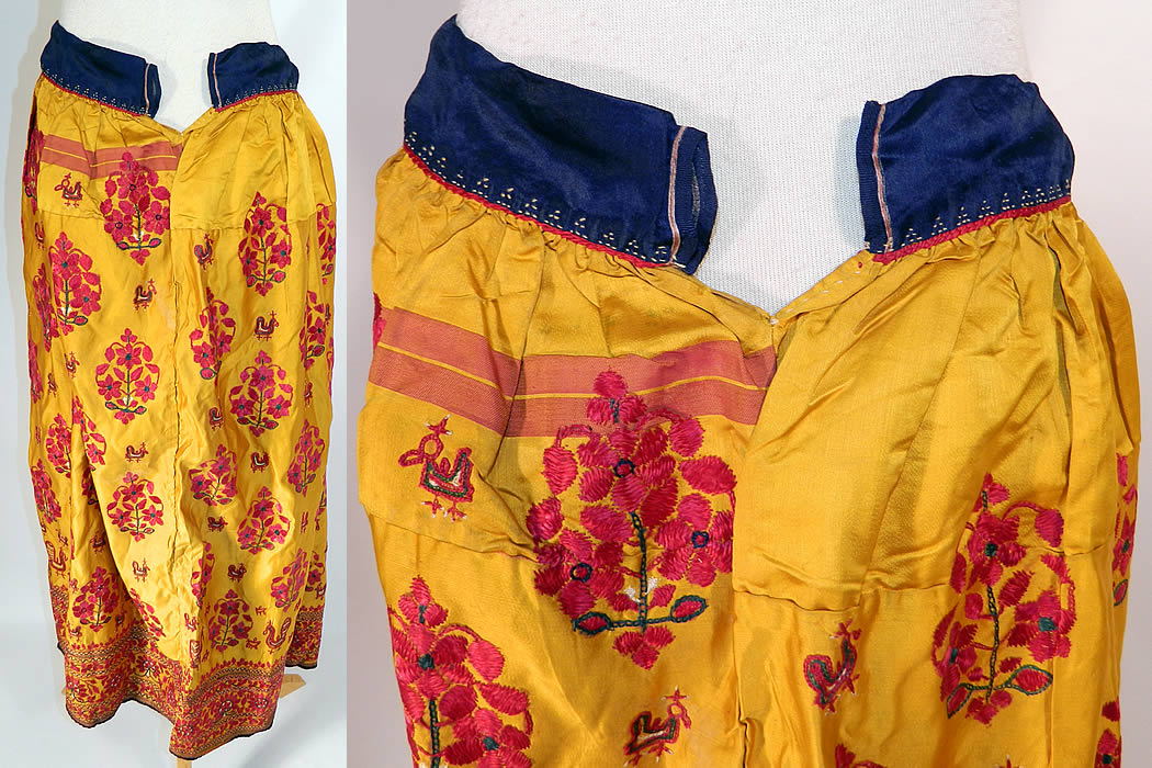 Antique Chinese Tibetan Indian Yellow Silk Kutch Embroidery Skirt