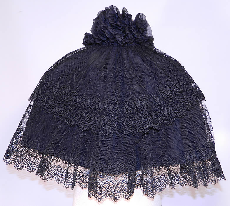 Victorian Black Net Lace Silk Neck Ruffle Mourning Cloak Cape Capelet