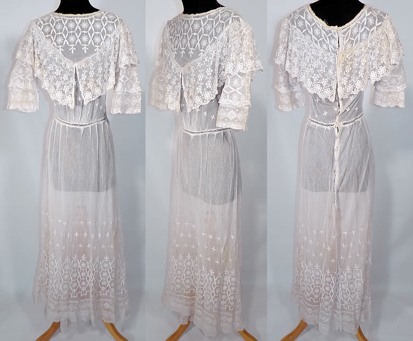 Edwardian White Net Embroidered Tambour Lace Graduation Wedding Dress