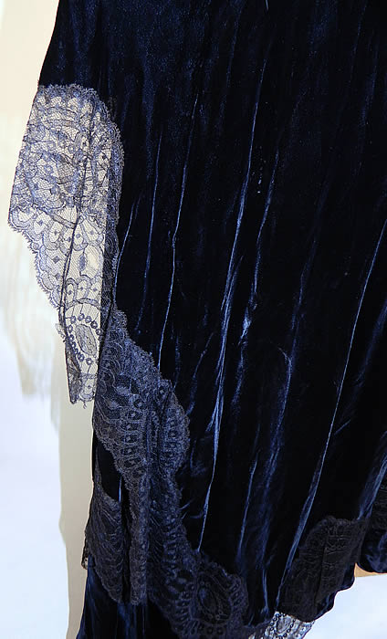Vintage Black Silk Velvet Chantilly Lace Bias Cut Evening Gown Dress with a black chantilly lace ruffle trim on the skirt