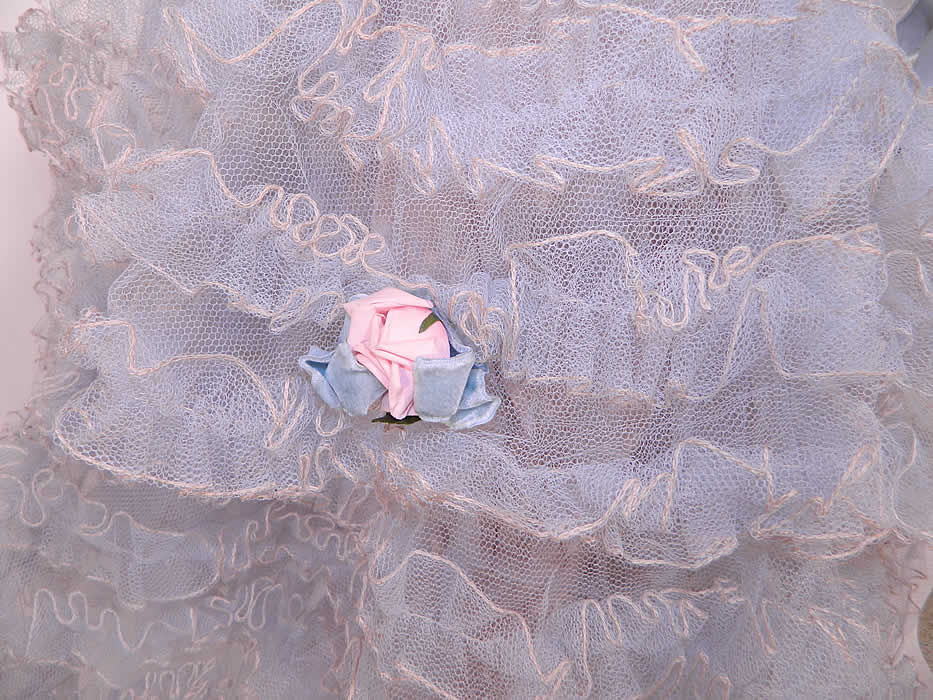 Vintage Baby Blue Ruffle Tulle Net Strapless Formal Cupcake Dress. This pretty girly cosplay cupcake style party prom dress formal is strapless, with a fitted bodice, sweetheart front neckline and voluminous very full layered poufy skirt.