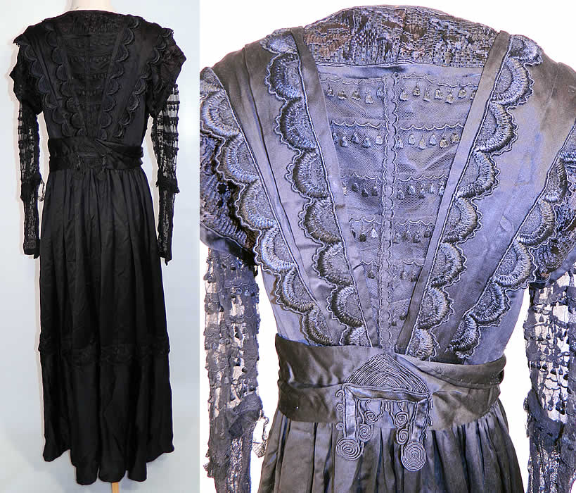 Edwardian Embroidered Black Silk Lace Applique Art Nouveau Dress. This beautiful black long floor length dress has an attached black silk sash belt with applique soutache trim, squared necklines, draping tiered layered shoulder overlay with long sleeves and hook closures along the front side.