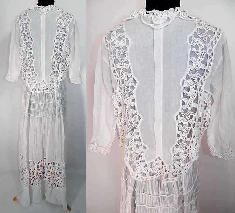 Edwardian White Cotton Batiste Lace Over Blouse Graduation Tea Dress back view. This is a wonderful piece of romantically feminine Edwardian antique textile art which could be worn as a wedding gown or graduation dress! 