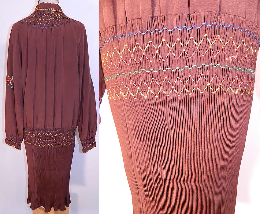 Vintage Brown Silk Pleated Skirt Drop Waist Floral Embroidered Boho Peasant Dress