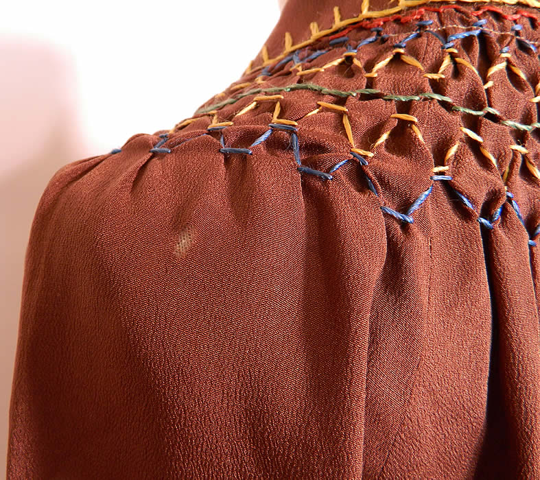 Vintage Brown Silk Pleated Skirt Drop Waist Floral Embroidered Boho Peasant Dress back view.
