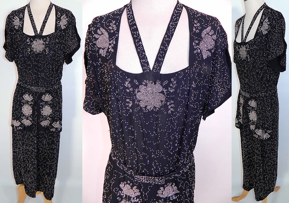 Vintage Black Silk Crepe Steel Cut Beaded Belted Peplum Dress. This amazing vintage black silk crepe steel cut beaded belted peplum dress dates from the 1940s. It is made of a black silk crepe fabric covered with silver steel cut beading done in a swirling scrolling floral pattern design.