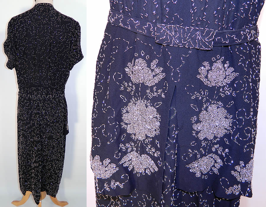 Vintage Black Silk Crepe Steel Cut Beaded Belted Peplum Dress. This beautiful beaded dress has an open front neckline with a cut away V strap design, short split slit sleeves, a peplum skirted drape front hip area, matching beaded belt with buckle closure and side zipper.