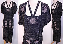 Vintage Black Silk Crepe Steel Cut Beaded Belted Peplum Dress