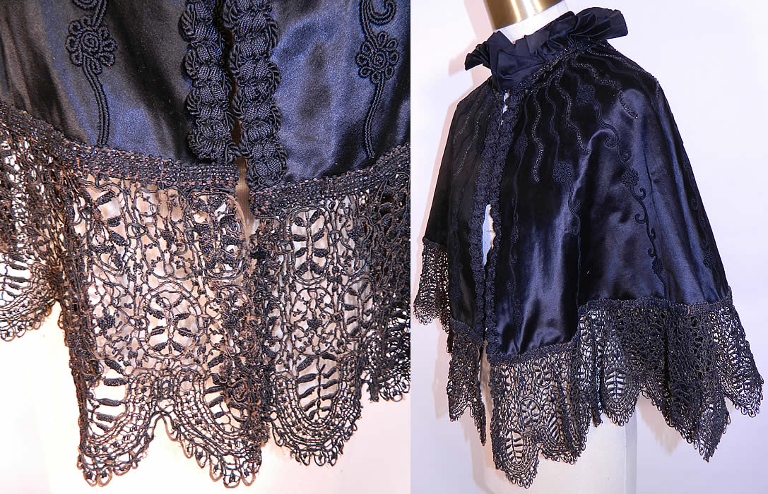 Victorian Black Silk Jet Beaded Lace Trim Evening Cloak Cape.. It is made of a black silk satin fabric, with raised black cording soutache work, black jet beading and black lace trim.
