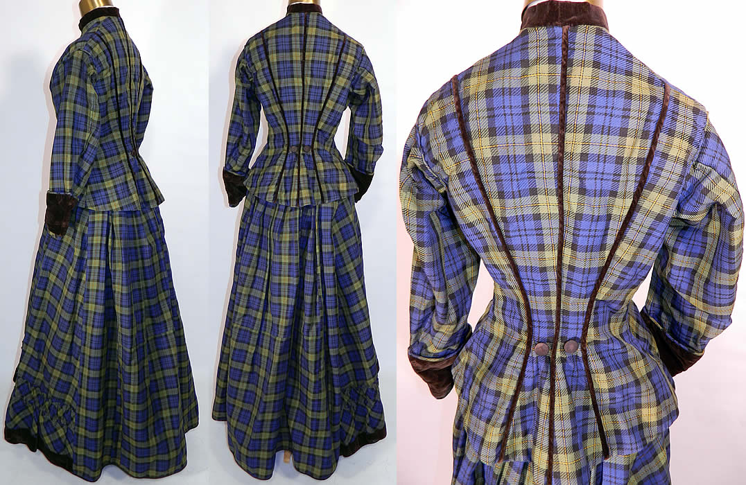 Victorian Blue & Green Plaid Tartan Wool Bustle Gown Bodice & Skirt. The bodice measures 22 inches long, with a 24 inch waist, 34 inch bust, 13 inch back and 20 inch long sleeves. There is matching fabric long floor length full skirt, with slight bustle back, velvet trim and ruched gathering around the bottom front, side pocket and is missing the button back closure. 