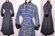 Victorian Blue & Green Plaid Tartan Wool Bustle Gown Bodice & Skirt.