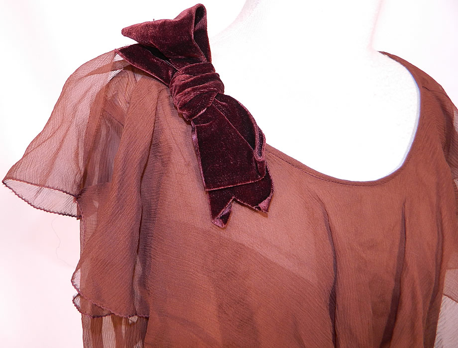 Vintage Chocolate Brown Silk Chiffon Peplum Ruffle Belted Drop Waist Dress