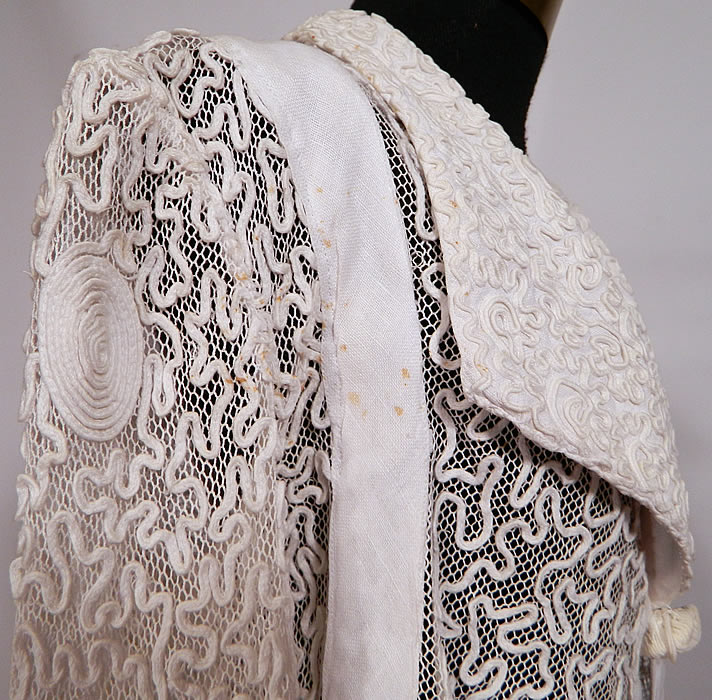 Edwardian White Linen Net Soutache Work Walking Suit Dress Jacket & Skirt. It is in good condition, has not been cleaned, with only a few tiny age spot stains on the front shoulder. This is truly a rare and wonderful piece of antique wearable textile art!