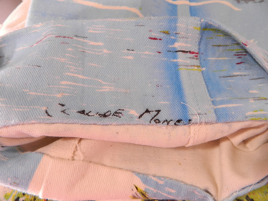 Vintage Allie Flynn for Evan Roberts Claude Monet Painted Pant Suit Jacket Bell Bottoms signature close up. They have been hemmed up 3 inches and could be let down.
