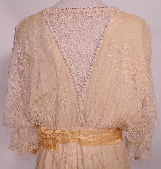 Edwardian Titanic Cream Silk Lace Pearl Beaded Wedding Gown Dress. This is a wonderful piece of wearable wedding bridal gown textile art.