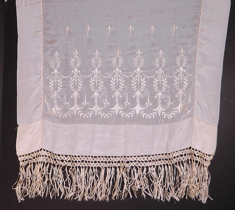 Antique Cream Silk Embroidered Fleur de Lis Wedding Shawl Scarf. This beautiful bridal wedding shawl scarf long stole wrap has cream color hand knotted macramé ribbon silk fringe trim edging on the two bottom ends.
