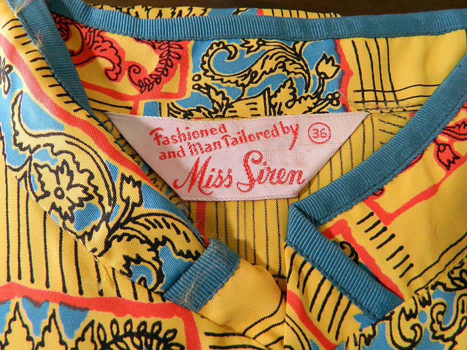 Deadstock Vintage Miss Siren Gothic Print Rayon Pajamas Lounge Set in Box close up. There is a "Fashioned and Man Tailored by Miss Siren" label size 36 tag sewn inside. 