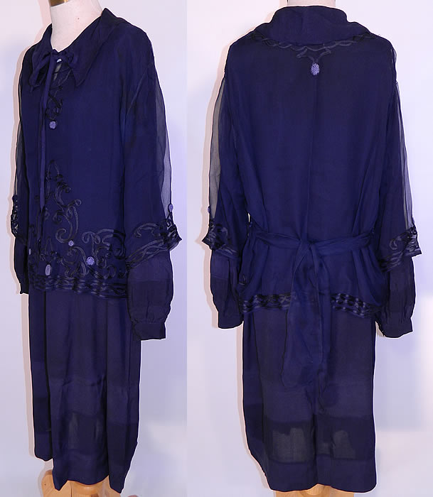 Vintage Navy Blue Silk Soutache Embroidered Belted Blouse & Drop Waist Dress.The dress measures 44 inches long, with 46 inch hips, a 42 inch waist, 44 inch bust, 15 inch back and 23 inch long sleeves.
