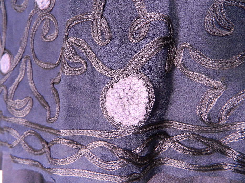 Vintage Navy Blue Silk Soutache Embroidered Belted Blouse & Drop Waist Dress. There is a matching color sheer silk chiffon fabric shirt blouse overtop, with 3/4 length full sleeves and a belted back tie. The blouse measures 23 inches long, with a 42 inch waist, 46 inch bust, 16 inch back and 15 inch long sleeves. 