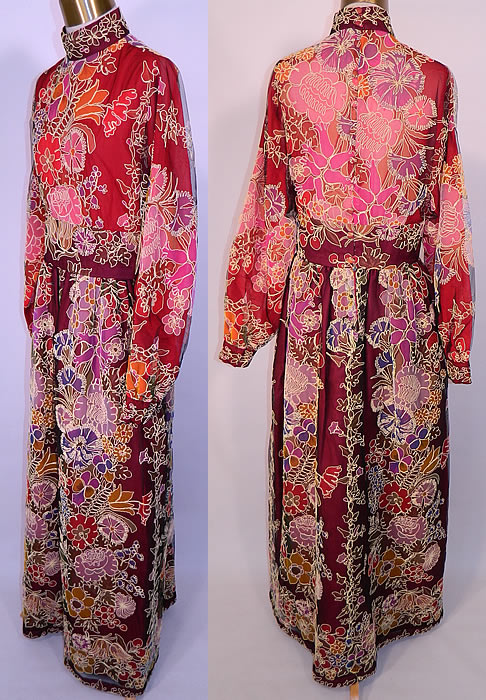 Vintage Donald Brooks Colorful Net Lace Flower Boho Maxi Dress Evening Gown. The dress measures 60 inches long, with a 28 inch waist, 36 inch bust, 15 inch back and 22 inch long sleeves.