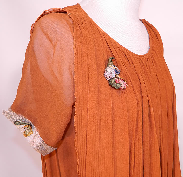 Vintage Orange Silk Rosette Lace Trim Drop Waist Dress. 