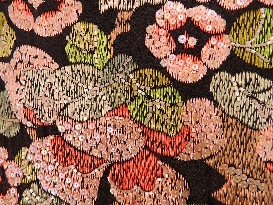 Vintage Art Deco Floral Silk Embroidered Sequin Beaded Long Coat Jacket. It is in good condition, with only a few loose beads.