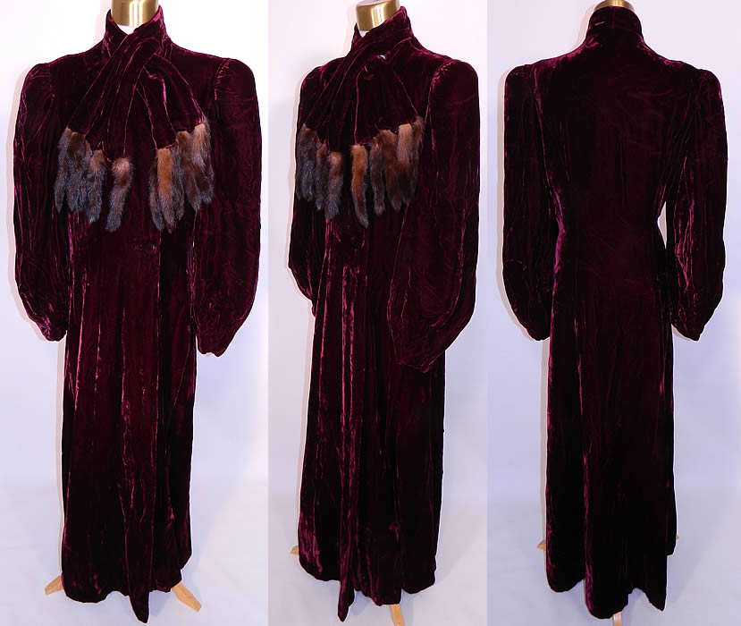 Vintage Burgundy Silk Velvet Mink Fur Tails Scarf Evening Coat Winter Jacket. This vintage burgundy silk velvet mink fur tails scarf evening coat winter jacket dates from the 1940s. It is made of a dark red burgundy color luxurious silk velvet fabric, with mink fur tail trim on the neck scarf ends.