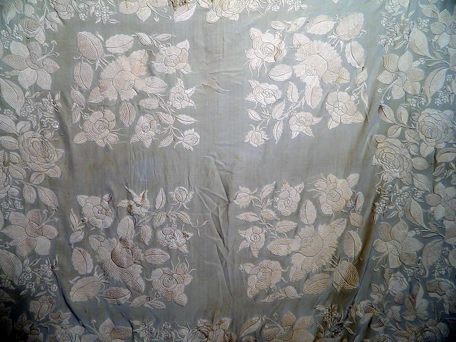 Antique Cream White Silk Embroidered Floral Canton Wedding Piano Shawl. It is made of an off white cream color silk fabric background, with off white silk raised padded satin stitch hand embroidery work.