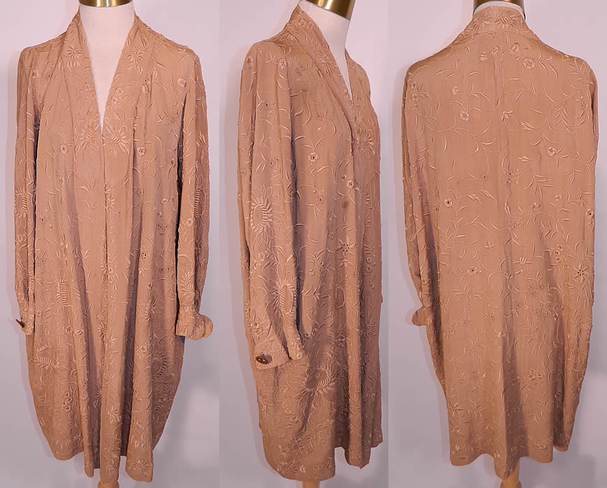 Vintage Art Deco Ecru Silk French Knot Embroidered Drawn Work Robe Coat. This vintage Art Deco ecru silk French knot embroidered drawn work robe coat dates from the 1920s. 