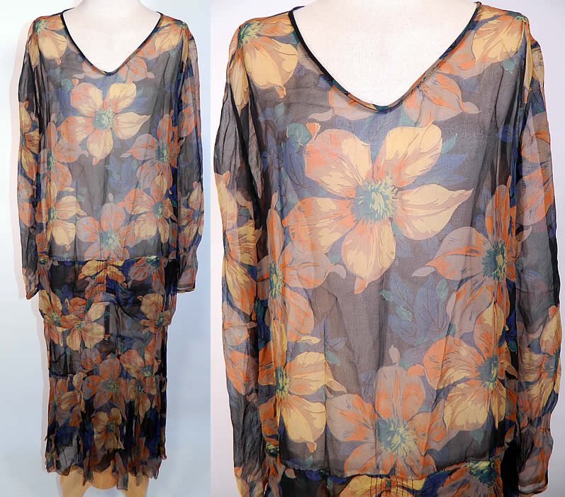 Vintage Black & Yellow Floral Poppy Print Silk Chiffon Drop Waist Dress. This vintage black & yellow floral poppy print silk chiffon drop waist dress dates from the 1920s. It is made of a black sheer silk chiffon fabric, with a yellow and orange floral poppy print design.