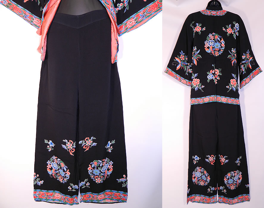 Vintage Chinese Black Silk Screen Floral Butterfly Pajama Lounge Set. The robe measures 28 inches long, with a 44 inch waist, 40 inch bust, 15 inch back and 15 inch long sleeves. There are matching silk screen loose fitting pants, with flared wide leg cuffs, a V front top elastic back waistband and are unlined.