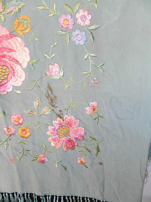 Antique Light Blue Silk Pink Floral Embroidered Fringe Boho Piano Shawl. It is in good condition, but has not been cleaned, with some small faint age spotting, water spots around the edging and a tiny fray near the fringe trim.