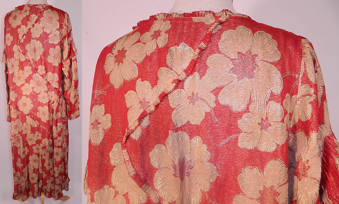 Vintage Art Deco Red Silk Gold Lamé Floral Poppy Drop Waist Dress Large Size. The dress is a large size measuring 49 inches long, with 42 inch hips, a 40 inch waist, 46 inch bust, 14 inch back and 24 inch long sleeves. It is in good condition. This is truly a exceptional piece of wearable Art Deco textile art.