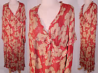 Vintage Art Deco Red Silk Gold Lamé Floral Poppy Drop Waist Dress Large Size
