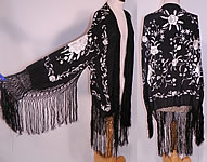 Vintage Black & White Silk Floral Embroidered Piano Shawl Fringe Robe Coat