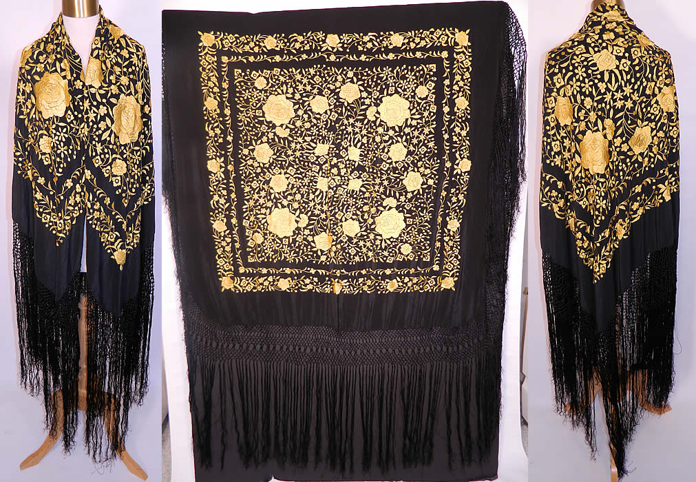 Antique Art Deco Black & Yellow Floral Silk Embroidered Piano Shawl. This antique Art Deco black and yellow floral silk embroidered piano shawl dates from the 1920s. It is made of a black silk fabric background, with a contrasting golden yellow silk raised padded satin stitch embroidery work. There is a floral vine leaf design, with larger embroidered yellow roses in a circle.
