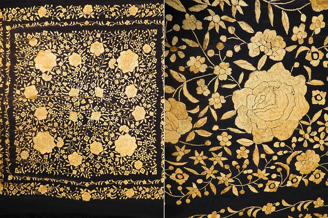 Antique Art Deco Black & Yellow Floral Silk Embroidered Piano Shawl. mbroidery work. There is a floral vine leaf design, with larger embroidered yellow roses in a circle. There is a hand knotted macramé black silk fringe which measures 25 inches long surrounding the entire shawl with rounded corners. The shawls fabric square measures 50 by 50 inches. This quality made Art Deco bohemian style Spanish Flamenco shawl is in good condition.