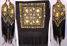 Antique Art Deco Black & Yellow Floral Silk Embroidered Piano Shawl
