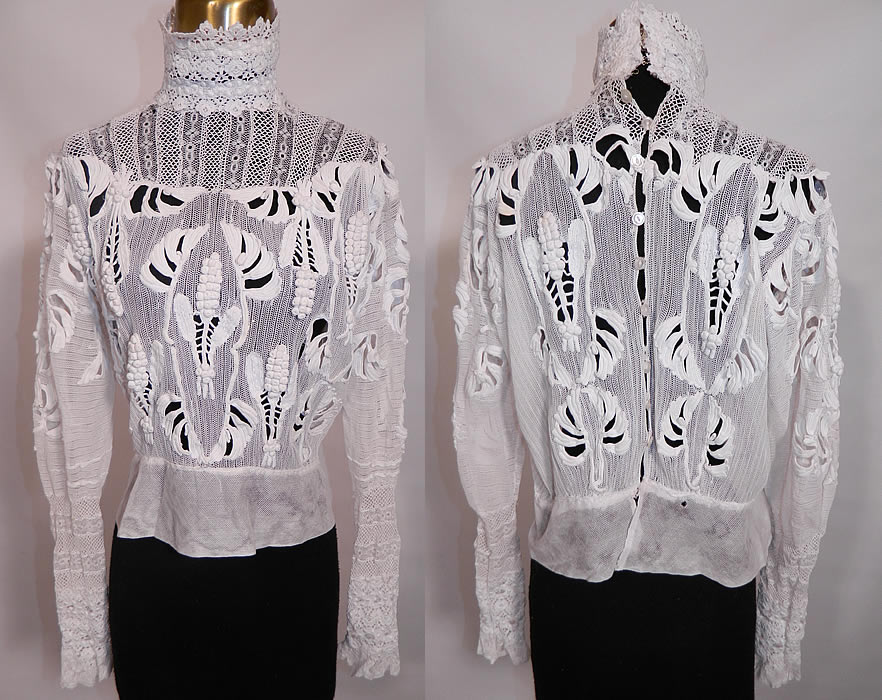 Edwardian White Net Irish Crochet Tape Lace Bodice Blouse. This Edwardian era antique white irish crochet tape lace bodice blouse dates from 1910. It is made of a white sheer irish crochet tape lace with detailed meshwork, net, raised three dimensional floral buds leaf designs and open cut work.