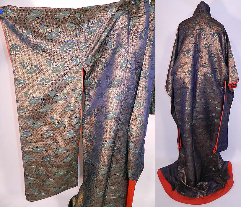Vintage Japanese Geisha Gold Lam&eacute; Silk Brocade Fan Kimono. It is made of a gold silk lam&eacute; brocade fabric, with a fan, cherry blossom and diamond design pattern. 