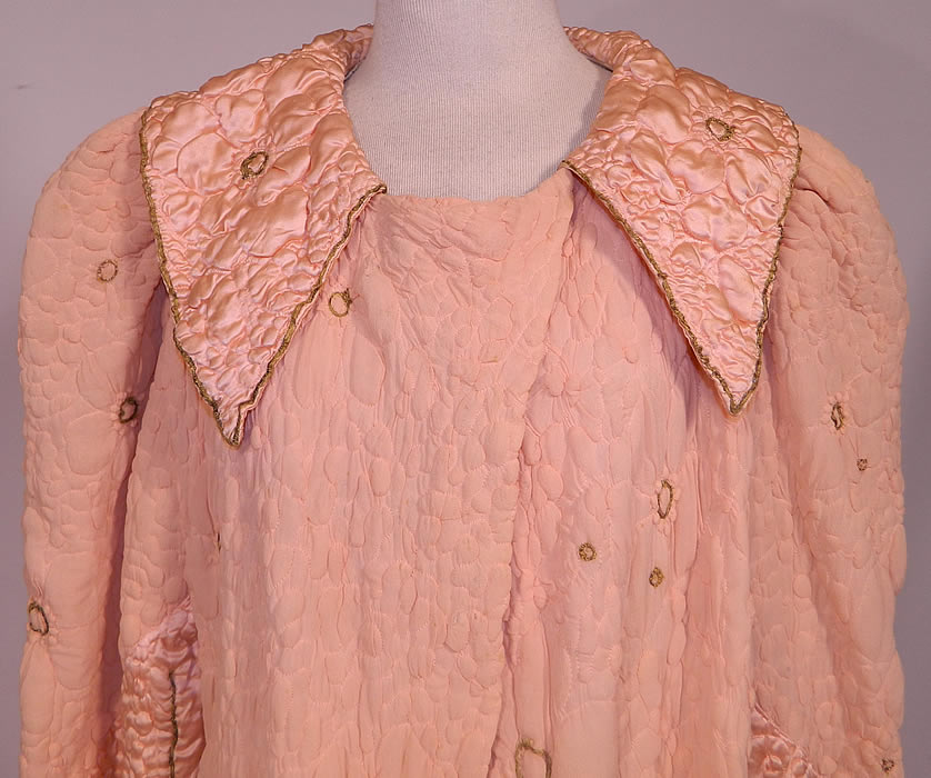 Vintage Harrods Pink Silk Quilted Gold Trim Stitched Peignoir Robe Dressing Gown. This lovely lingerie negligee peignoir robe dressing gown is a long floor length, with a wide collar, snap closure on neck, gathered shoulders with slight padding, long full bishop style sleeves with fitted cuffs and is fully lined.